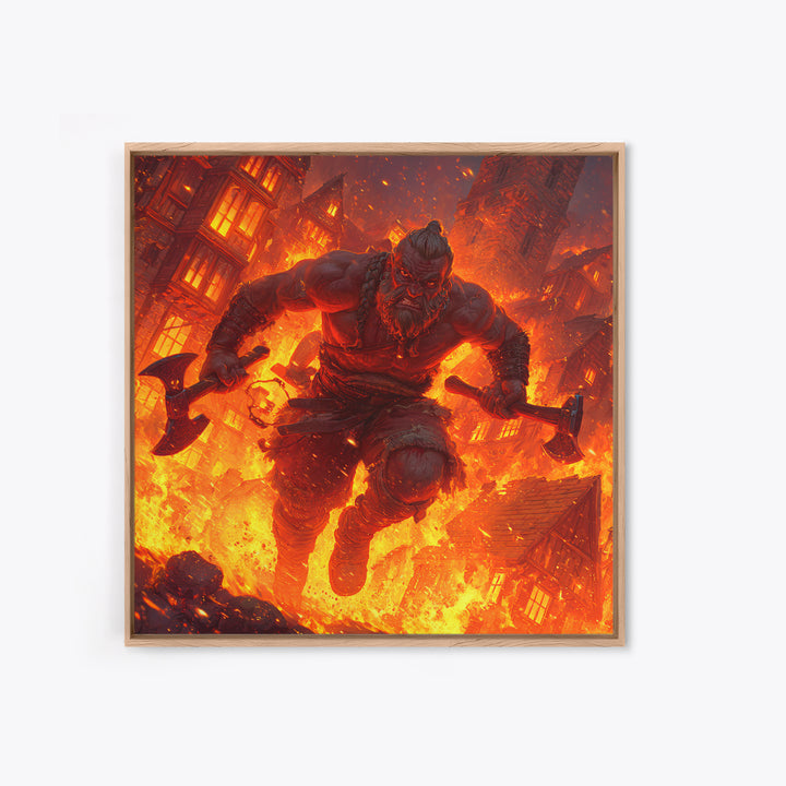 Fire Giant Berserker With Axes Wall Art, Dark Fantasy Canvas, Mythological Warrior Print, Gaming Room Decor, Gift For Him