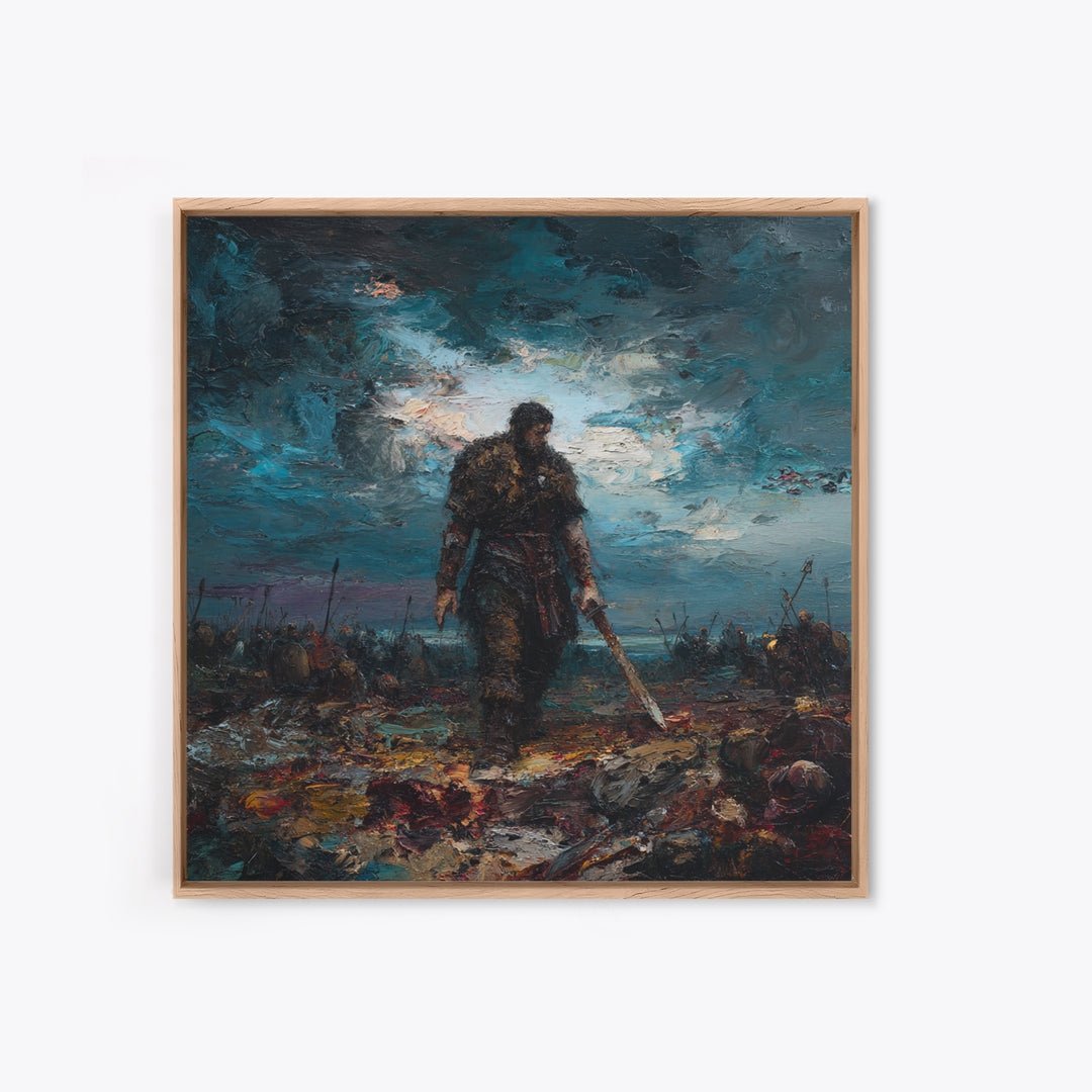 Brooding Warrior With Sword On Stormy Battlefield Canvas Print, Dark Fantasy Art, Masculine Office Decor, Gift For Him, Wall Decor