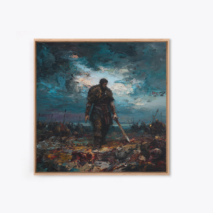 Brooding Warrior With Sword On Stormy Battlefield Canvas Print, Dark Fantasy Art, Masculine Office Decor, Gift For Him, Wall Decor