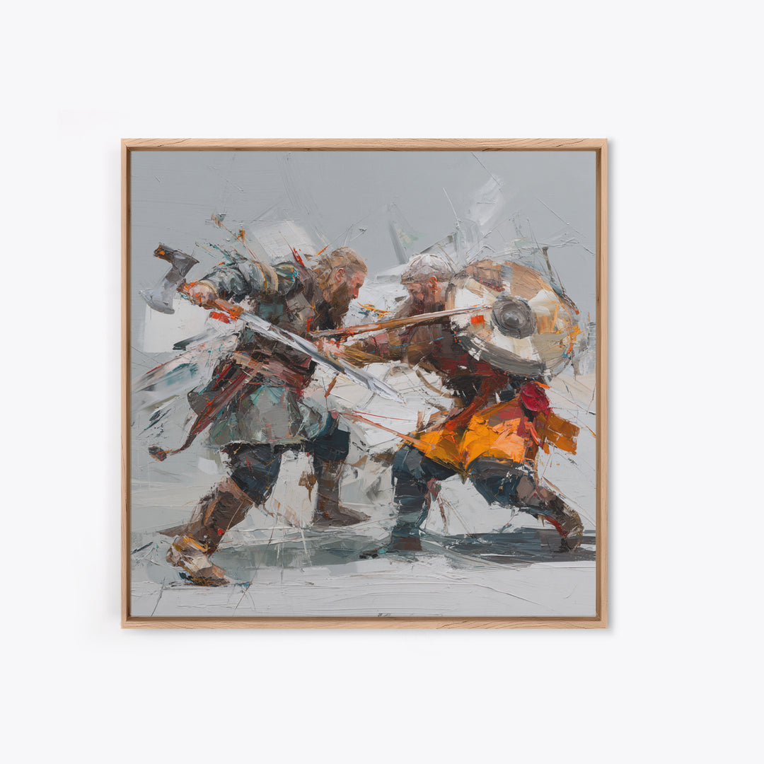 Viking Duel With Swords And Shields Canvas Print, Abstract Warrior Battle Painting, Dynamic Modern Wall Art For Game Room