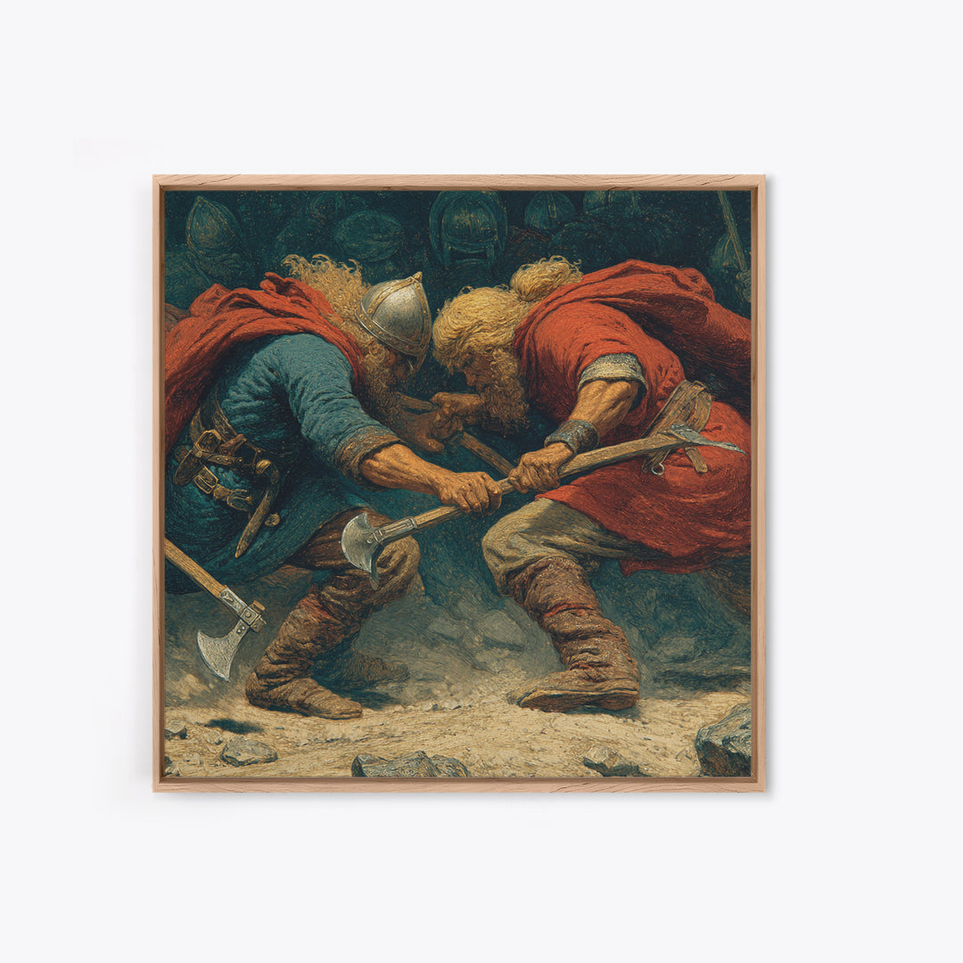 Clashing Viking Warriors With Axes Wall Art, Nordic Battle Painting, Historical Canvas Decor, Dramatic Masculine Office Art