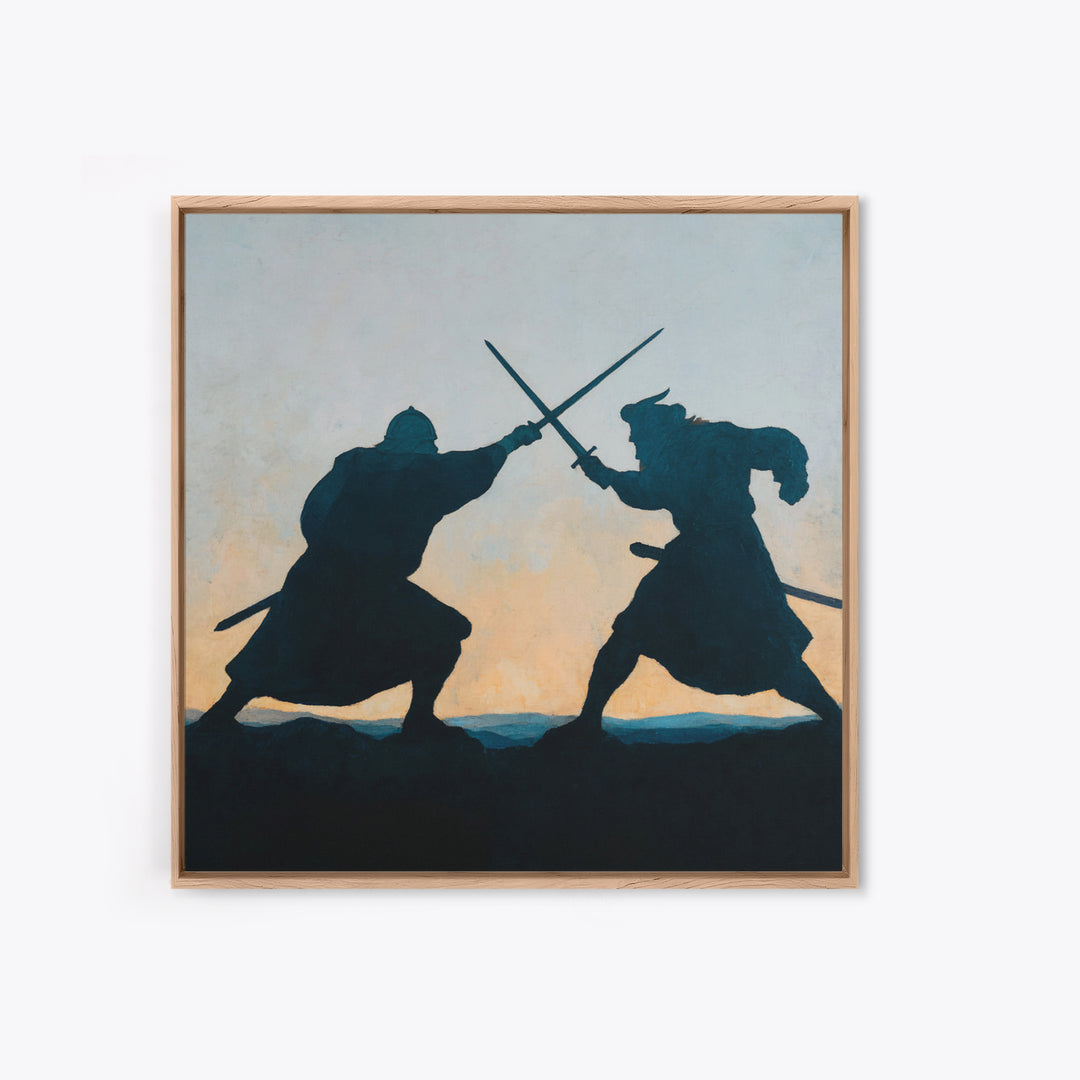 Silhouette Sword Duel At Sunset Canvas Print, Medieval Warrior Wall Decor, Viking Battle Art, Minimalist Masculine Gift For Him