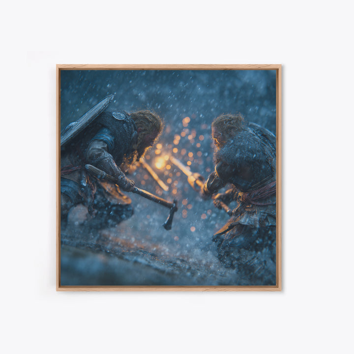 Snowy Viking Duel With Axes Wall Art, Norse Battle Canvas Print, Dark Fantasy Decor, Action Artwork, Gift For Him, Nordic Decor