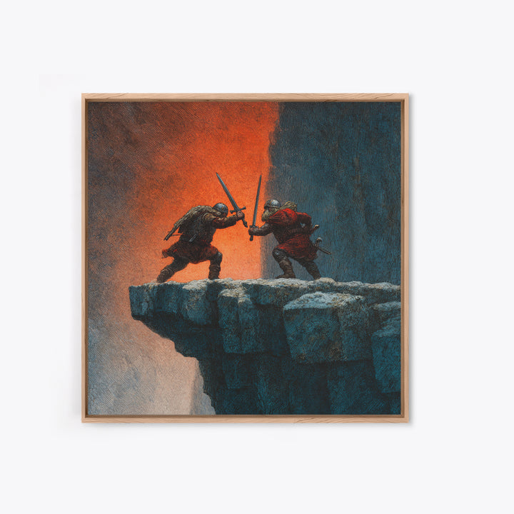 Cliffside Sword Duel Wall Art, Medieval Warriors Battle At Sunset, Dark Fantasy Canvas Print For Game Room And Office Decor