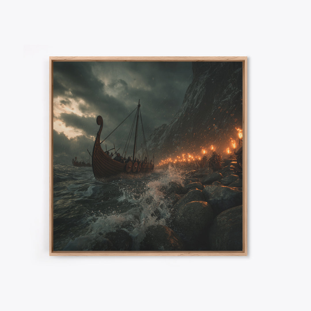 Viking Longship Stormy Shore Framed Canvas Print, Norse Seascape, Dark Fantasy Wall Decor, Masculine Office Art, Viking Wall Art