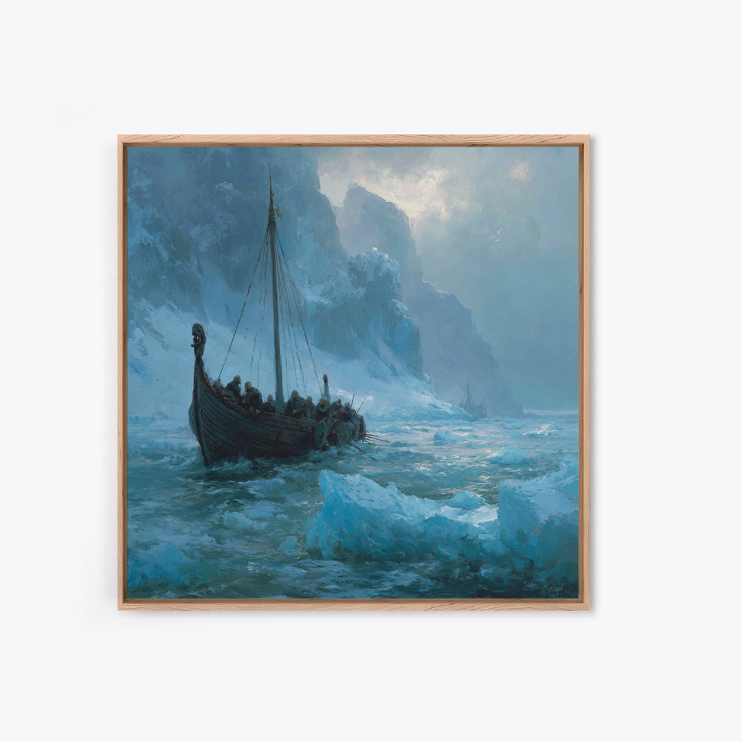 Viking Longship In Icy Fjord, Arctic Seascape Wall Art, Norse Landscape Canvas Print, Coastal Winter Decor, Gift For Him