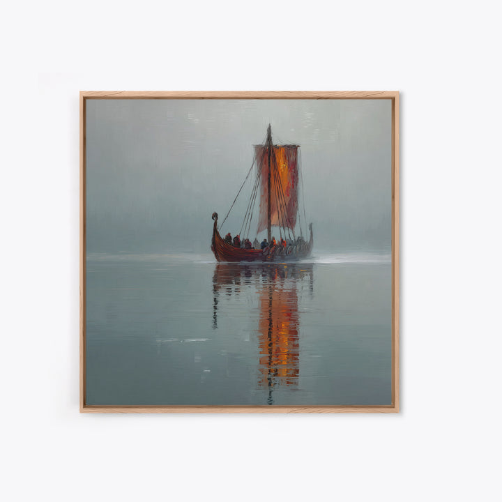 Misty Viking Longship With Red Sail Canvas Print, Nordic Seascape Oil Painting, Nautical Wall Decor, Scandinavian Art, Home Decor