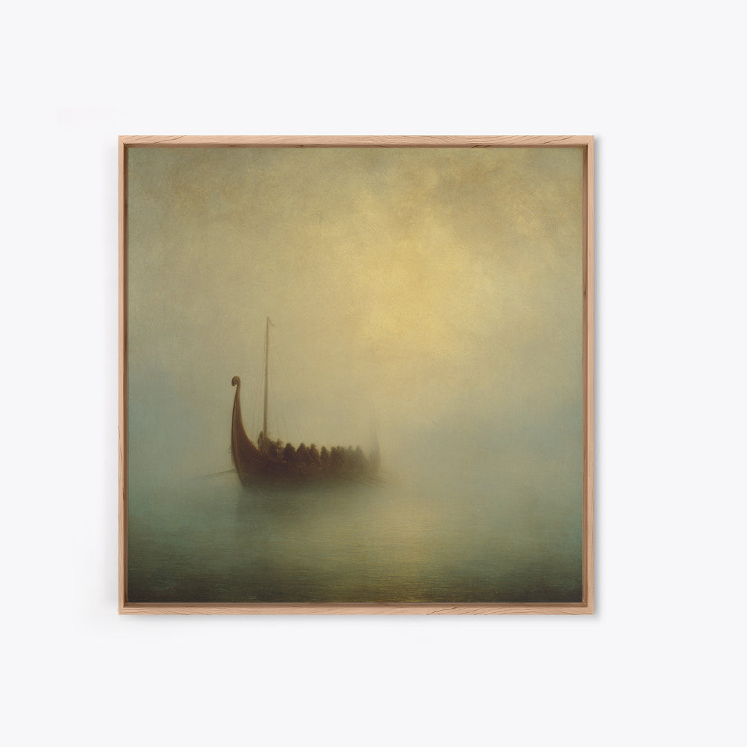 Foggy Viking Longship On Quiet Sea Canvas Print, Nautical Wall Art, Seascape Art, Nordic Art Print, Coastal Home Decor, Wall Decor