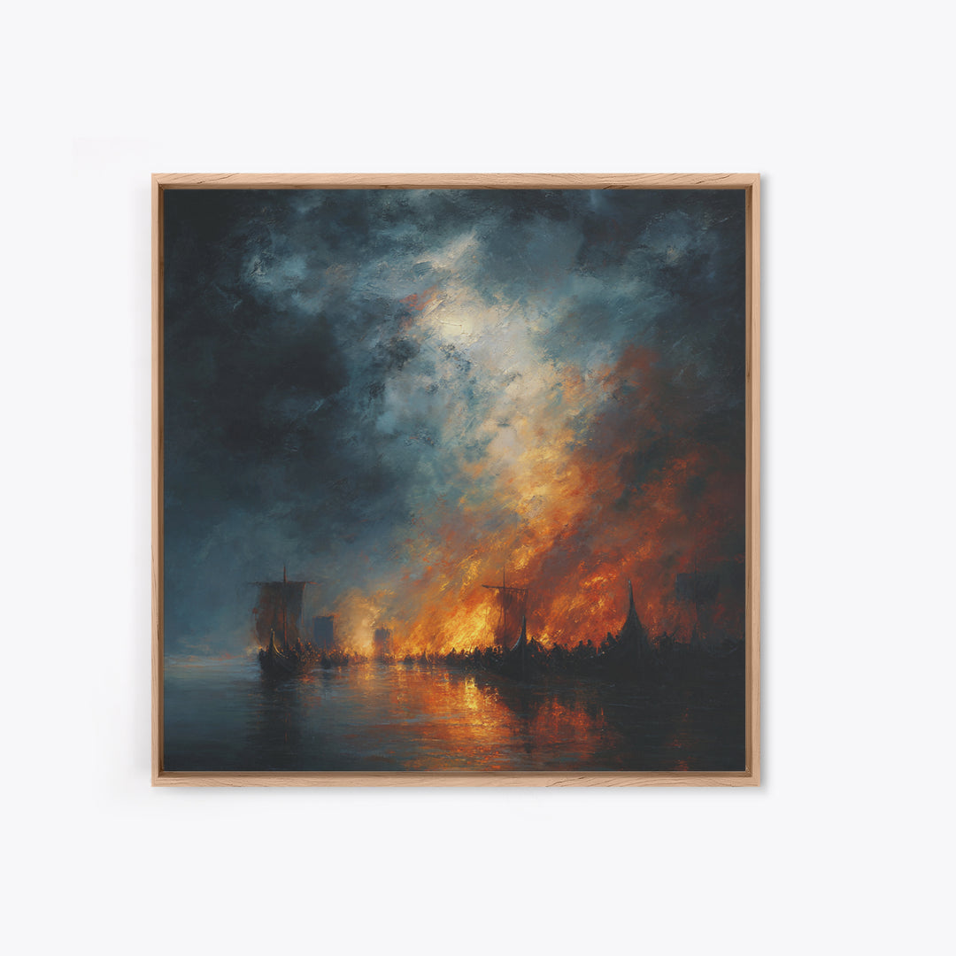 Burning Harbor Ships At Night Wall Art, Moody Seascape Painting, Dramatic Ocean Canvas Art, Dark Coastal Living Room Decor
