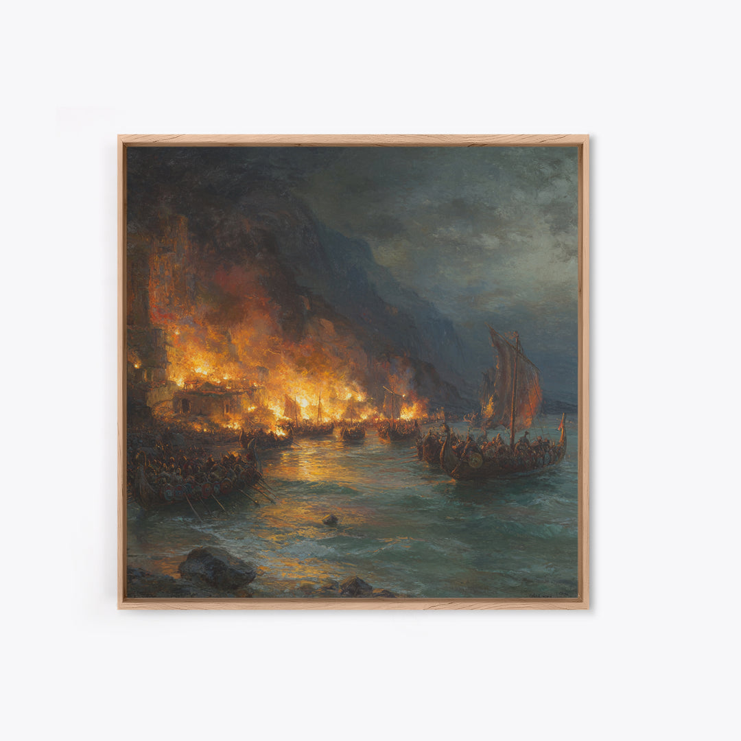 Burning Harbor With Viking Longships Framed Canvas Print, Seascape Art, Historical Wall Art, Dark Nautical Decor, Man Cave Decor