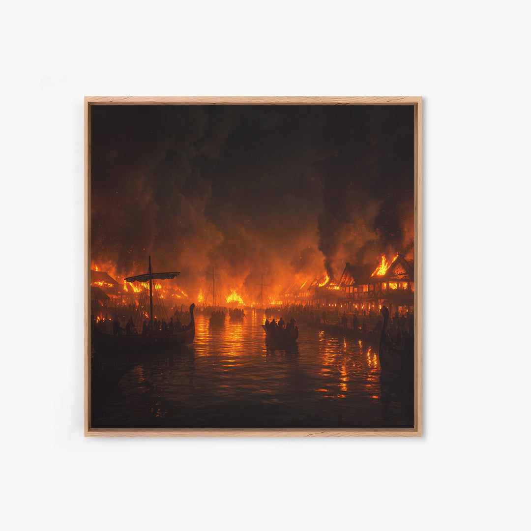 Burning Medieval Harbor And Viking Ships Wall Art, Dark Fantasy Fire Painting, Dramatic Historical Canvas Home Decor, Luxury Wall Decor