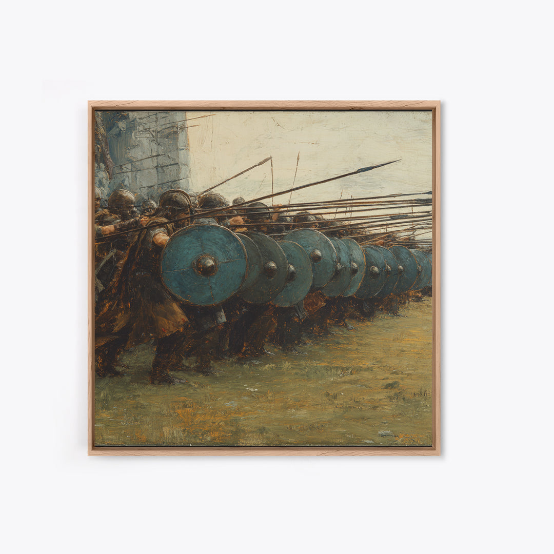 Ancient Shield Wall Soldiers Canvas Print, Greek Battle Formation Oil Painting, Masculine Wall Art For Office Decor Gift