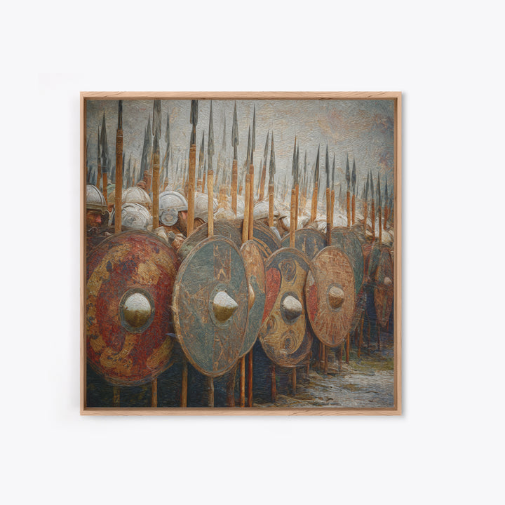 Ancient Shield Wall With Spears Canvas Print, Greek Hoplite Army Wall Art, Historical Battle Decor, Textured Oil Painting