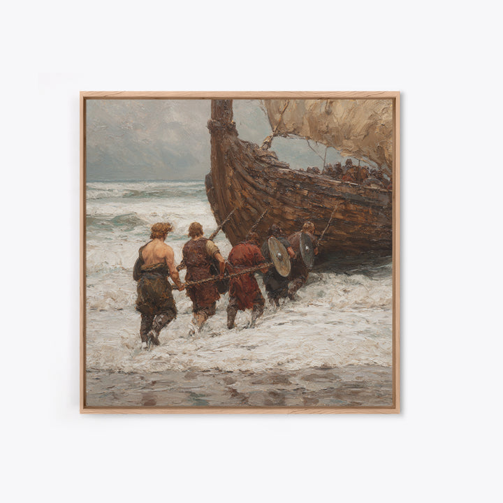 Viking Longship Landing On Stormy Shore Canvas Print, Norse Seascape Oil Painting, Nautical Coastal Wall Decor For Living Room