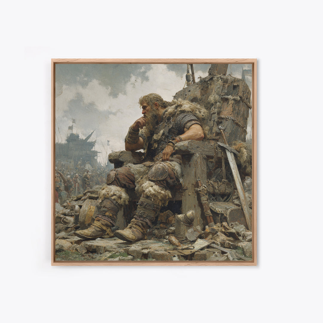 Viking Chieftain On Ruined Throne Framed Canvas Print, Norse Warrior Oil Painting, Rustic Medieval Wall Decor, Gift For Him