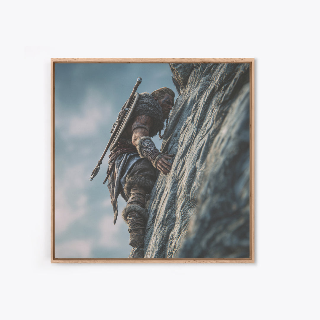 Viking Cliff Climber Warrior Wall Art, Norse Fantasy Canvas Print, Adventure Decor, Mountain Artwork, Gift For Him, Rustic Home Decor