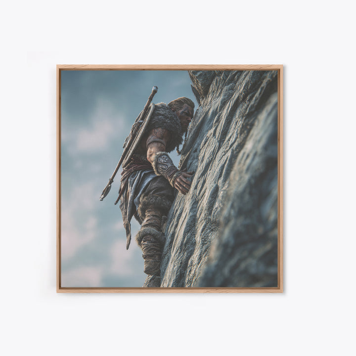 Viking Cliff Climber Warrior Wall Art, Norse Fantasy Canvas Print, Adventure Decor, Mountain Artwork, Gift For Him, Rustic Home Decor