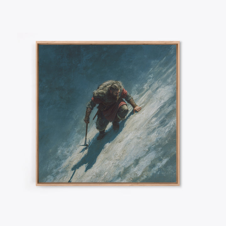 Lone Viking Climbing Icy Mountain Wall Art, Nordic Warrior Oil Painting, Dark Adventure Landscape Office Decor Gift For Him