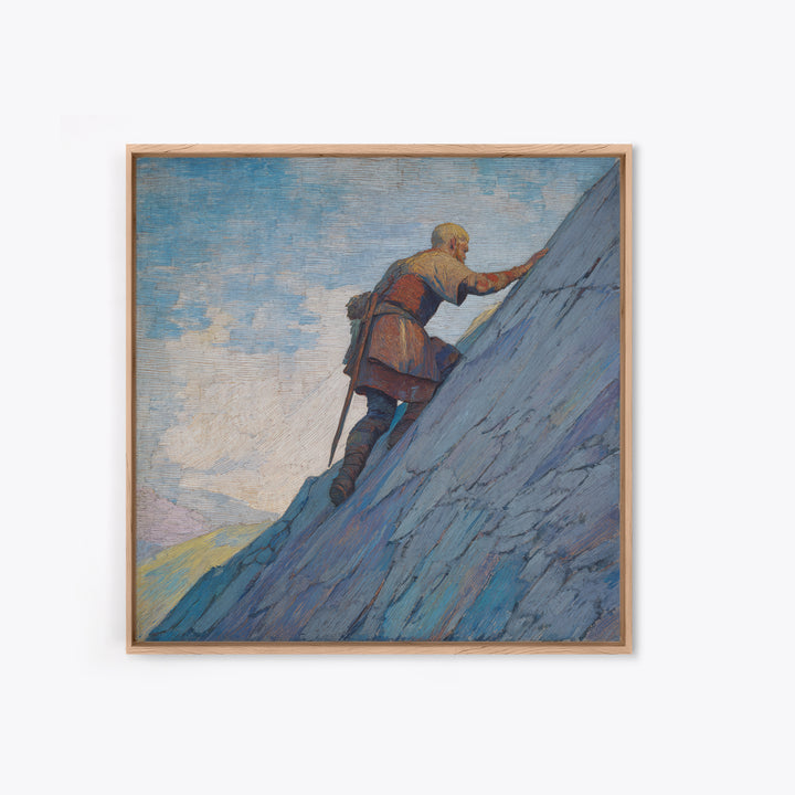 Lone Viking Climbing Icy Mountain Canvas Print, Fantasy Adventure Landscape Art, Nordic Wall Decor, Motivational Office Art