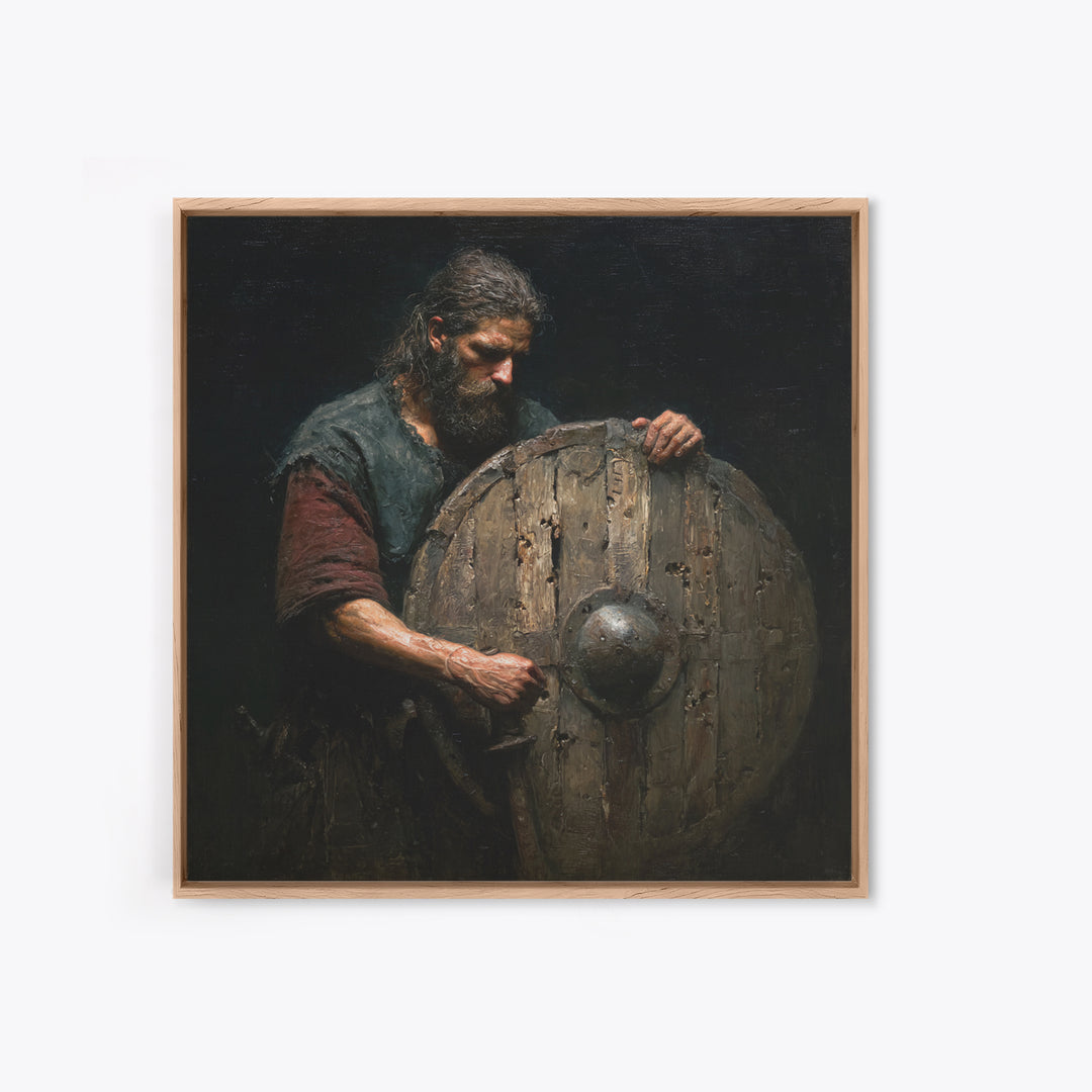 Bearded Warrior Holding Weathered Wooden Shield Canvas Print, Rustic Wall Art, Viking Art, Dark Academia Decor, Gift For Him