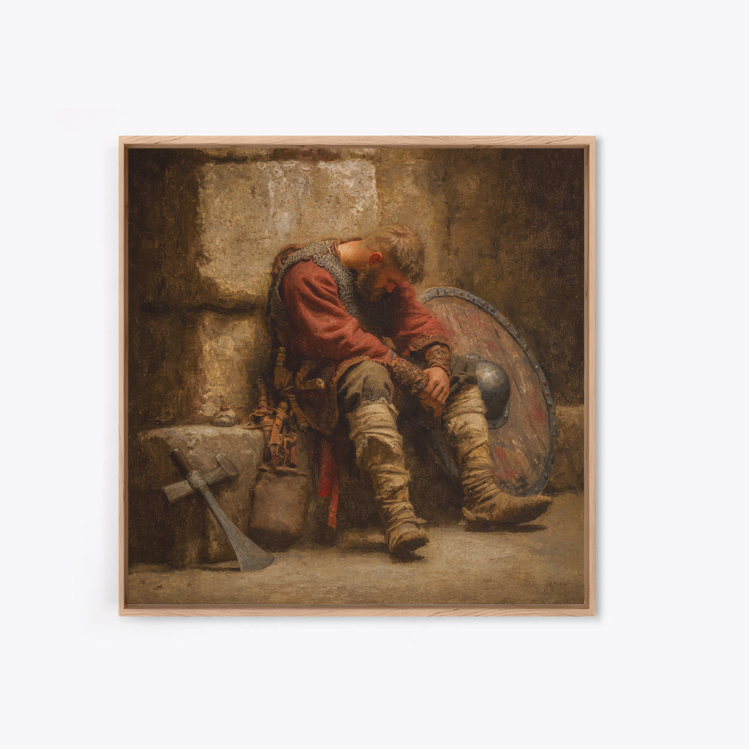 Exhausted Viking Warrior Wall Art, Medieval Shield And Axe Painting, Rustic Historical Canvas Print For Man Cave And Office Decor