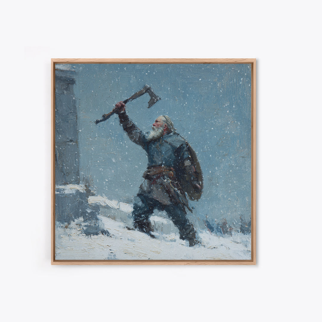 Snowy Viking Warrior Raising Axe Canvas Print, Norse Wall Art, Winter Landscape Art, Rustic Home Decor, Gift For Him, Cabin Decor