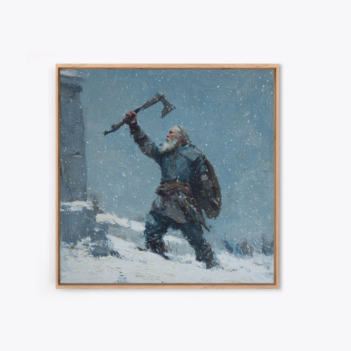 Snowy Viking Warrior Raising Axe Canvas Print, Norse Wall Art, Winter Landscape Art, Rustic Home Decor, Gift For Him, Cabin Decor