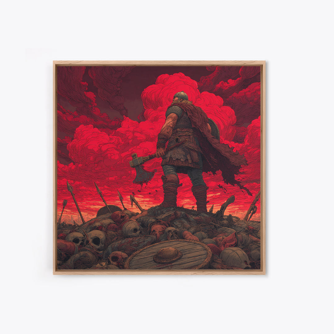 Viking Warrior On Skull Battlefield, Red Apocalypse Wall Art, Norse Fantasy Canvas Print, Dark Masculine Decor, Gift For Him