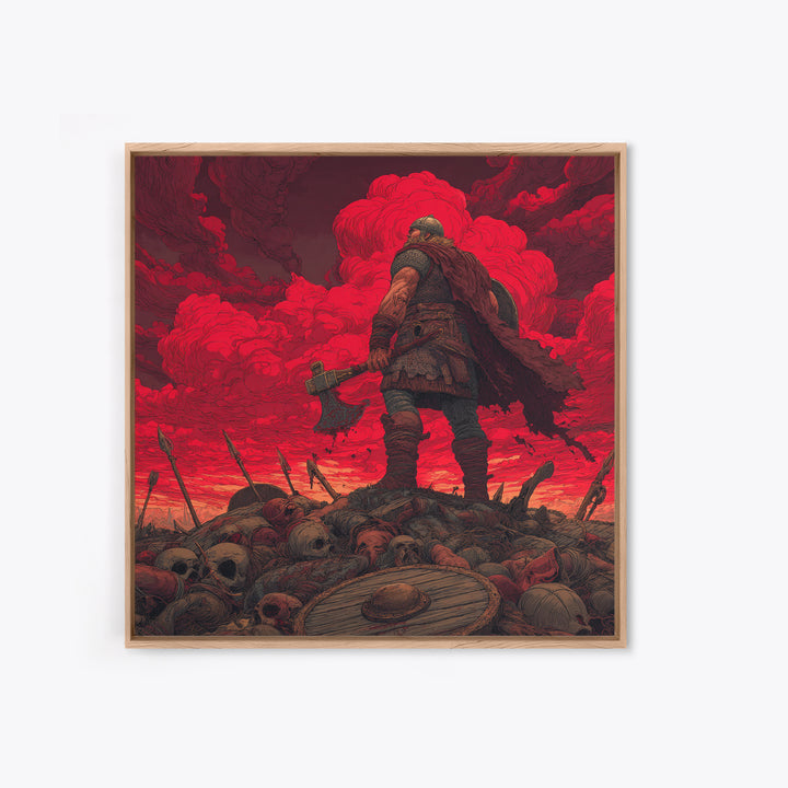 Viking Warrior On Skull Battlefield, Red Apocalypse Wall Art, Norse Fantasy Canvas Print, Dark Masculine Decor, Gift For Him