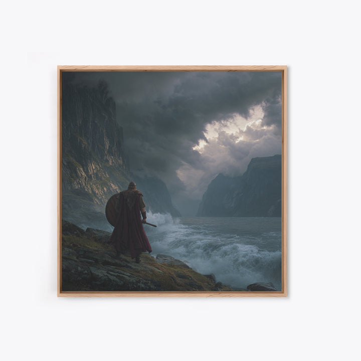 Viking Warrior Over Stormy Fjord Wall Art, Nordic Landscape Canvas Print, Moody Seascape, Nautical Decor, Gift For Him, Coastal Wall Art