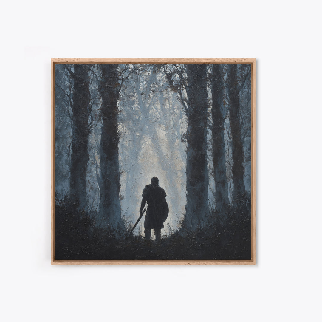 Dark Warrior In Misty Forest Wall Art, Medieval Fantasy Oil Painting, Moody Landscape Print, Gothic Home Decor Gift For Him