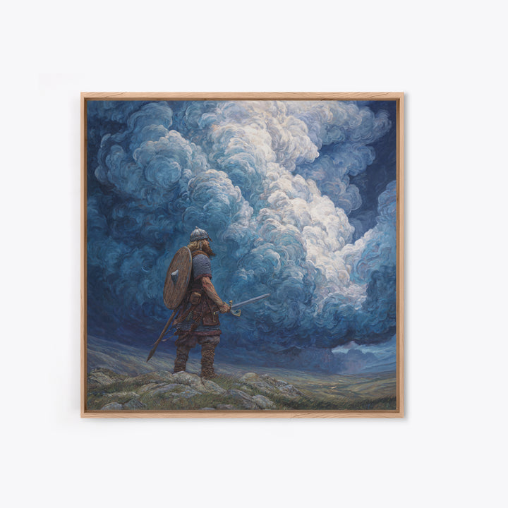 Viking Warrior Beneath Storm Clouds Wall Art, Nordic Fantasy Landscape, Dramatic Blue Canvas Print, Masculine Rustic Decor