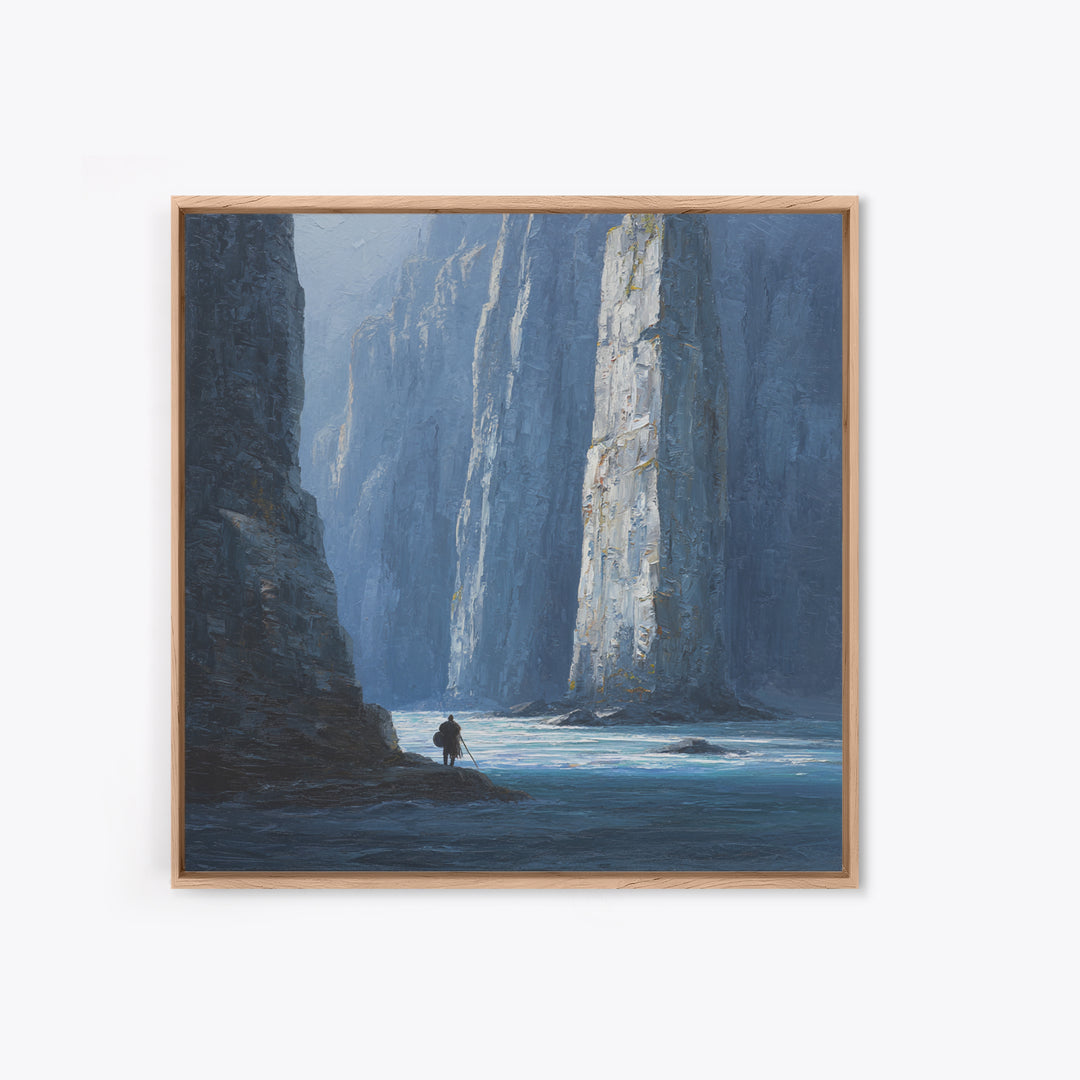 Lone Traveler In Blue Canyon Canvas Print, Misty Cliff Landscape Painting, Moody Nature Wall Art For Living Room Decor Gift