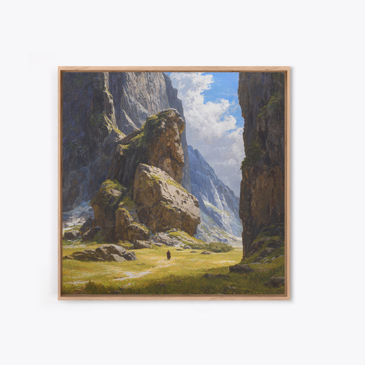 Majestic Alpine Canyon With Lone Traveler Wall Art, Mountain Landscape Painting, Nature Canvas Decor, Large Living Room Art