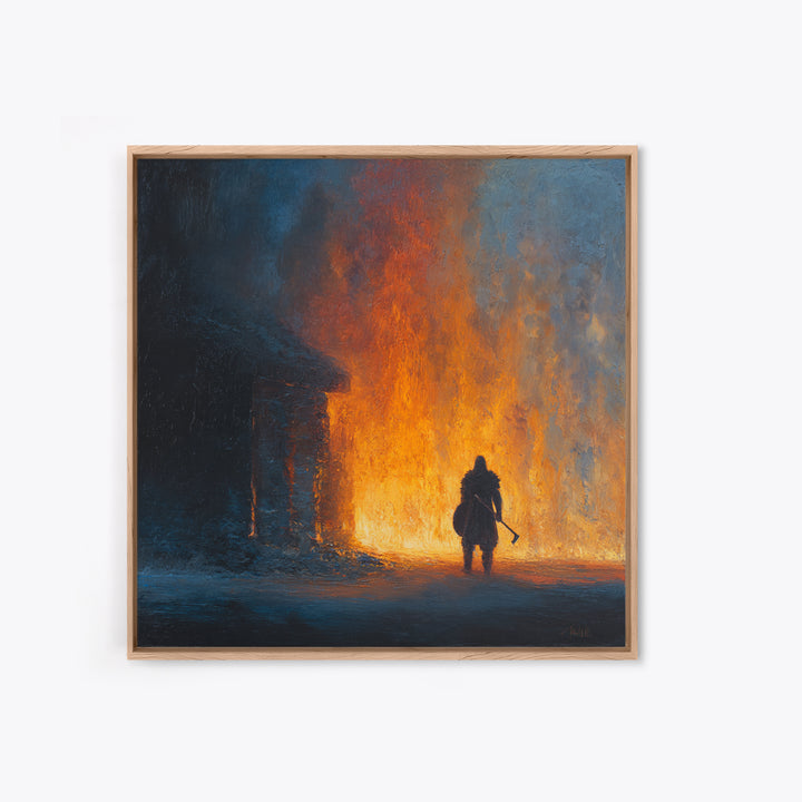 Lone Warrior Before Blazing Hall Wall Art, Dark Fantasy Fire Painting, Medieval Battle Decor, Moody Canvas Art Gift For Him