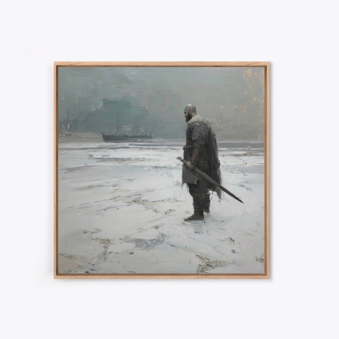 Lone Warrior With Sword In Snow Framed Canvas Print, Nordic Winter Landscape, Moody Wall Art, Dark Fantasy Office Decor Gift