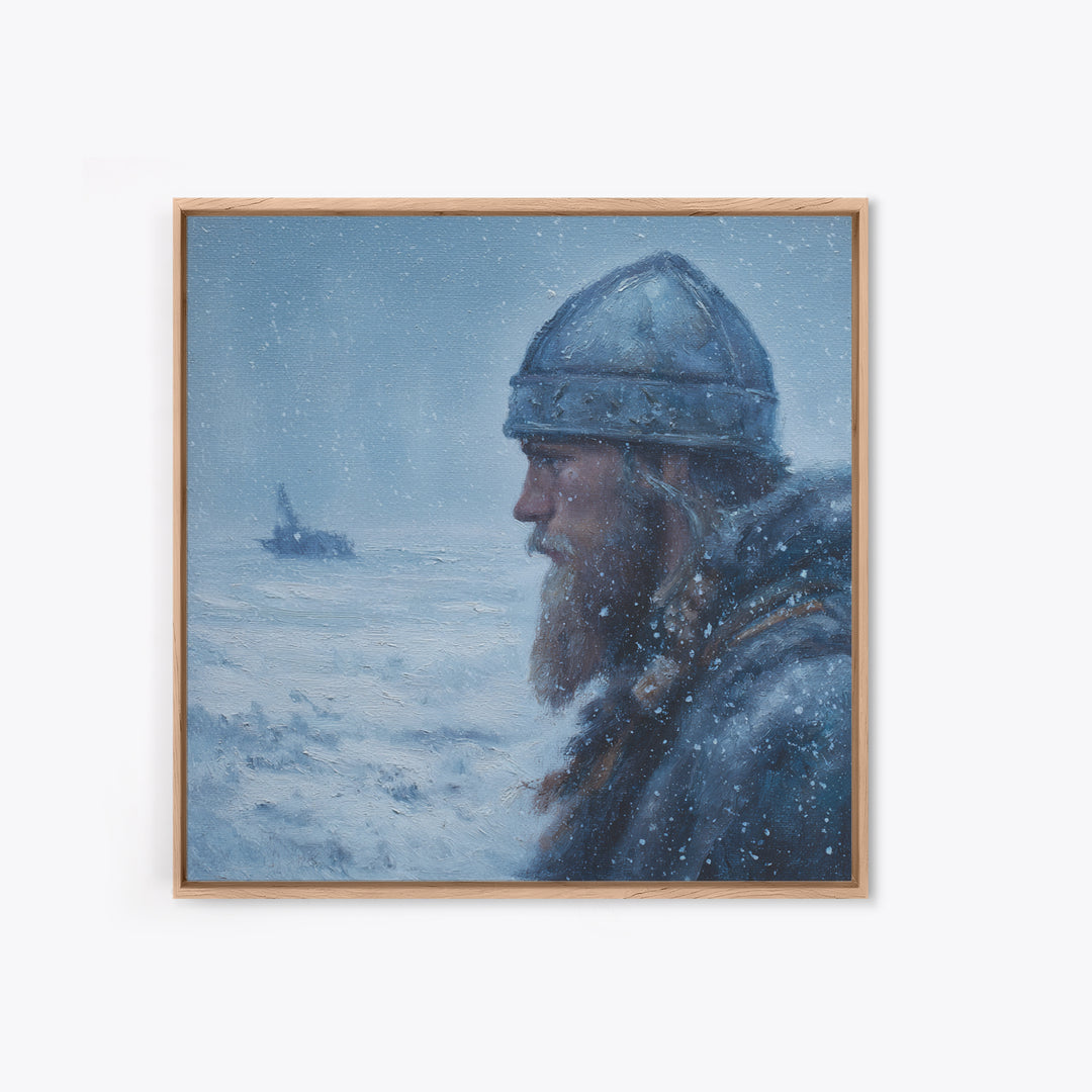 Snowy Viking Warrior Profile Wall Art, Nordic Winter Seascape Oil Painting, Norse Mythology Decor, Masculine Art Print Gift