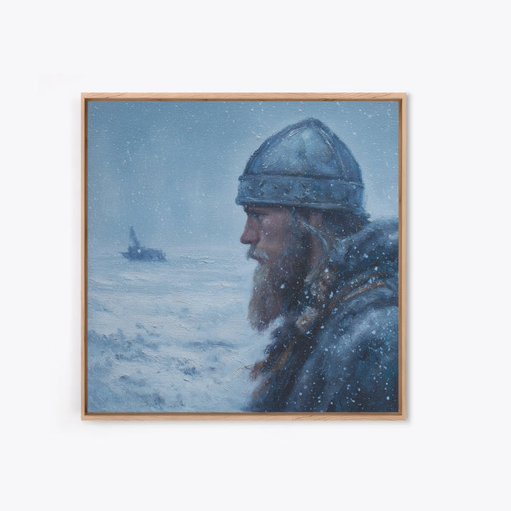 Snowy Viking Warrior Profile Wall Art, Nordic Winter Seascape Oil Painting, Norse Mythology Decor, Masculine Art Print Gift