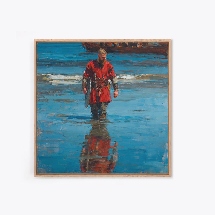 Red Viking Warrior On Shore Canvas Print, Medieval Seascape Oil Painting, Norse Wall Decor, Coastal Masculine Gift For Him