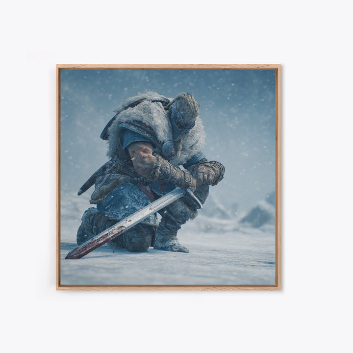 Kneeling Viking Warrior In Snow Framed Canvas Print, Nordic Wall Art, Fantasy Sword Decor, Winter Battle Gift For Him, Man Cave Decor