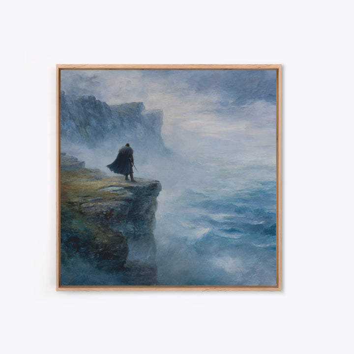 Cloaked Wanderer On Misty Sea Cliff Wall Art, Moody Coastal Landscape Oil Painting, Nordic Fantasy Home Decor For Living Room