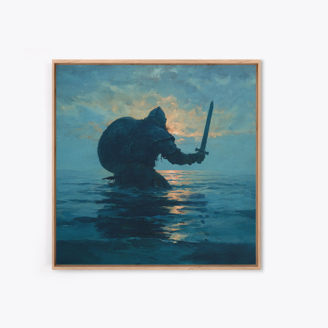 Lone Warrior Rising From The Sea Wall Art, Blue Ocean Sword Painting, Mythic Coastal Canvas Print For Dramatic Living Room Decor