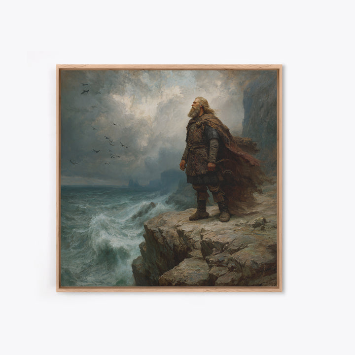 Viking Chieftain On Stormy Sea Cliff Wall Art, Moody Norse Coastal Painting, Dramatic Landscape Art, Masculine Office Decor