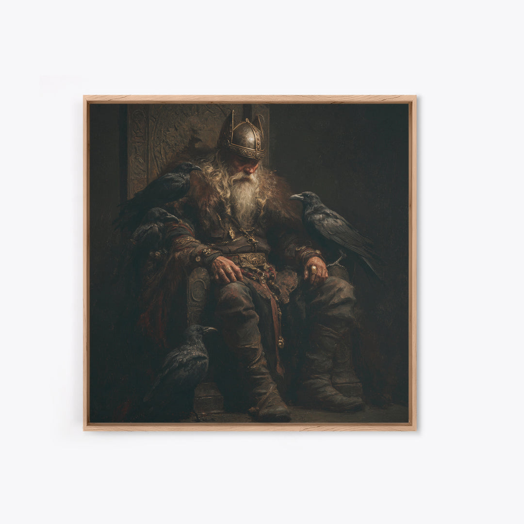 Viking King With Ravens Wall Art, Dark Academia Norse Portrait, Moody Medieval Oil Painting, Gothic Office Decor Gift For Him