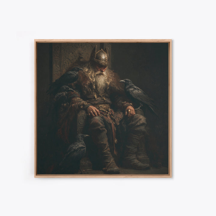 Viking King With Ravens Wall Art, Dark Academia Norse Portrait, Moody Medieval Oil Painting, Gothic Office Decor Gift For Him