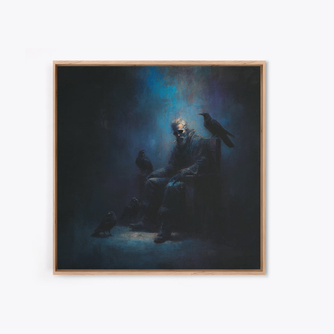 Moody Raven Keeper Portrait Framed Canvas Print, Dark Academia Wall Art, Gothic Crow Oil Painting, Mysterious Office Decor