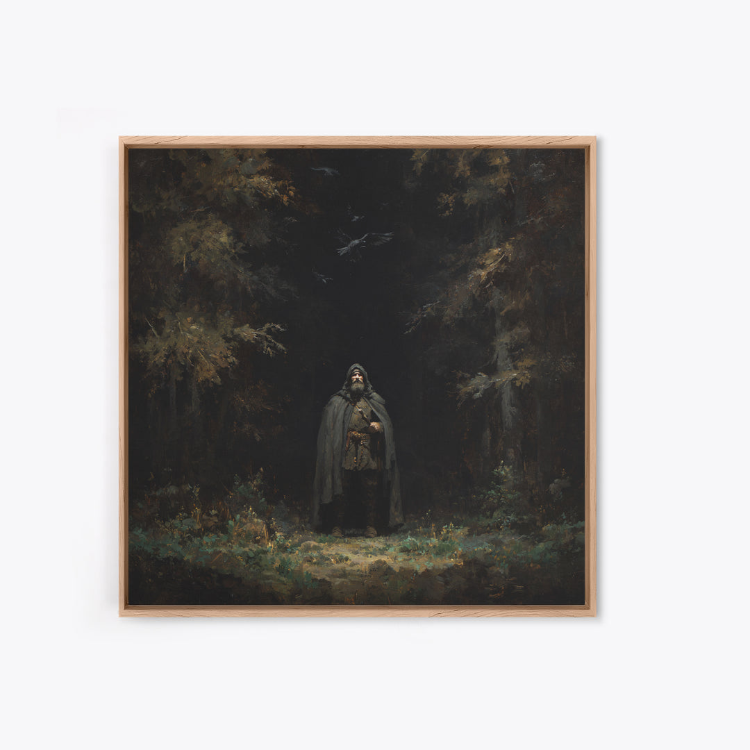 Hooded Wanderer In Dark Forest Wall Art, Raven Gothic Landscape Painting, Moody Fantasy Canvas Print For Dark Academia Decor