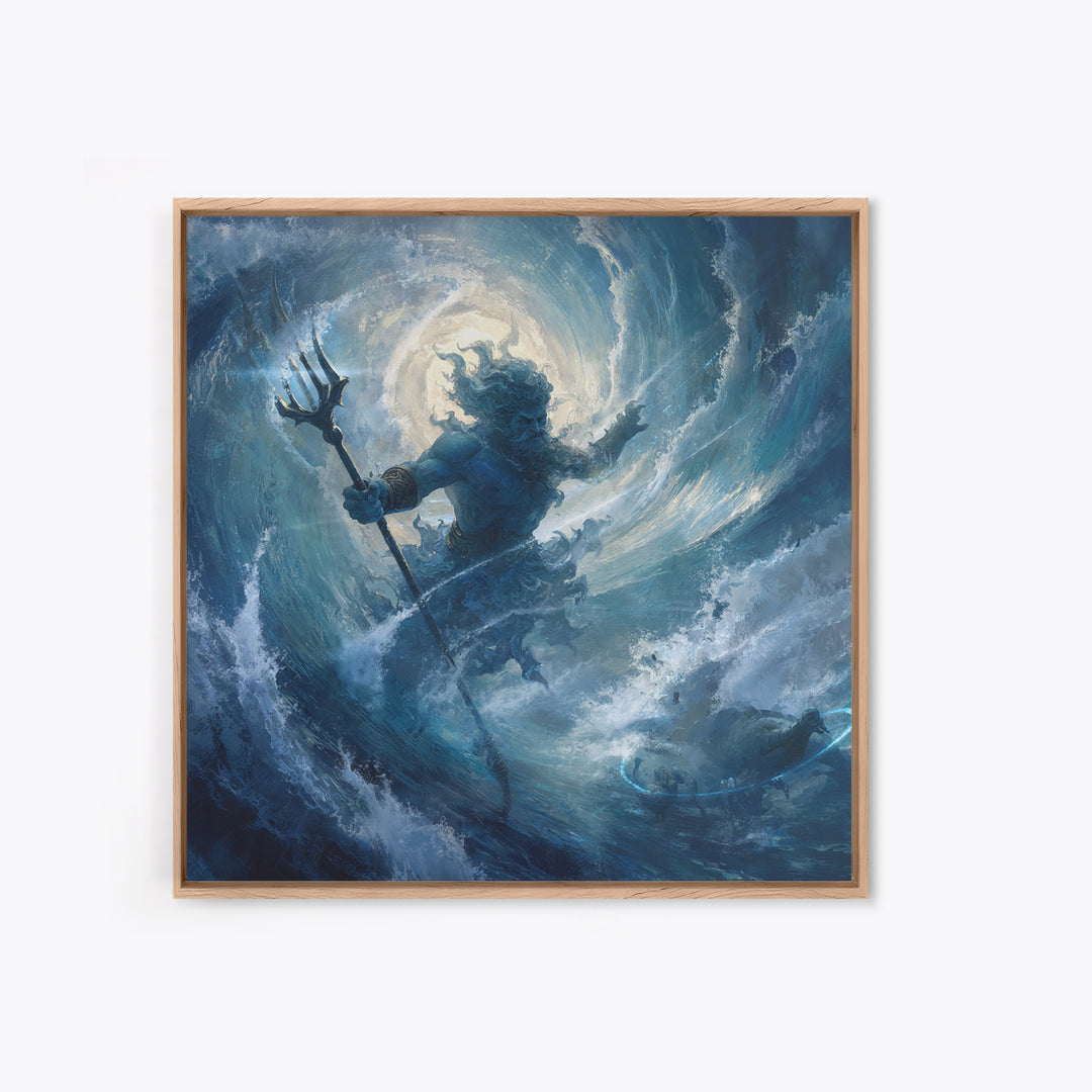 Poseidon Rising From Stormy Ocean Canvas Print, Mythological Wall Art, Nautical Fantasy Decor, Blue Coastal Artwork, Sea God Art