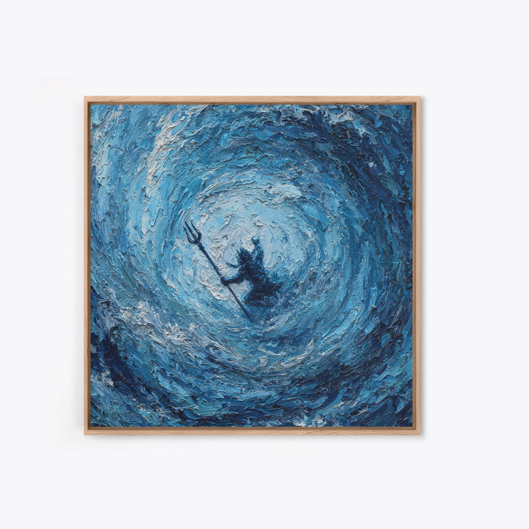 Poseidon In Blue Ocean Vortex Wall Art, Textured Impasto Canvas Print, Mythology Decor, Coastal Abstract Seascape Painting
