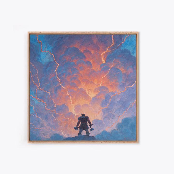 Thor Like Warrior Under Lightning Wall Art, Norse Mythology Storm Painting, Fantasy Canvas Print, Dramatic Game Room Decor